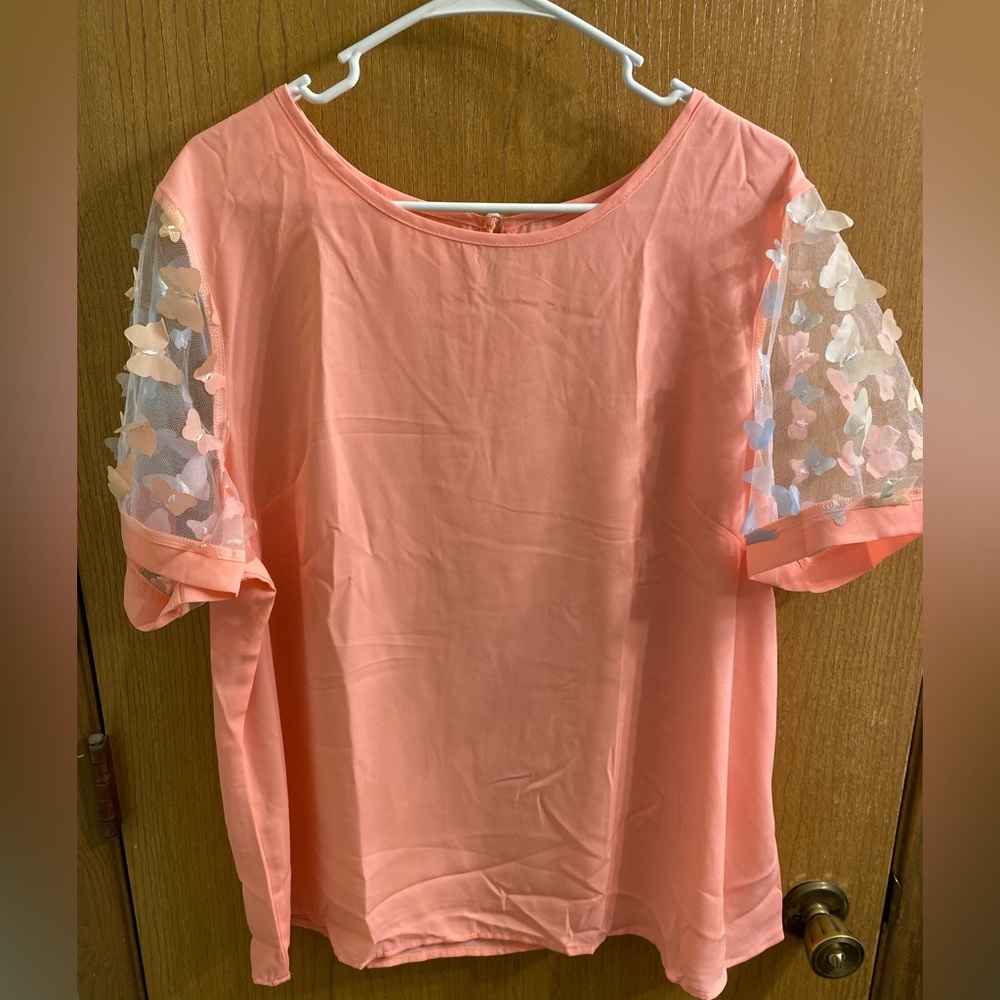 Pink Shirt with Sheer Butterfly Sleeves.